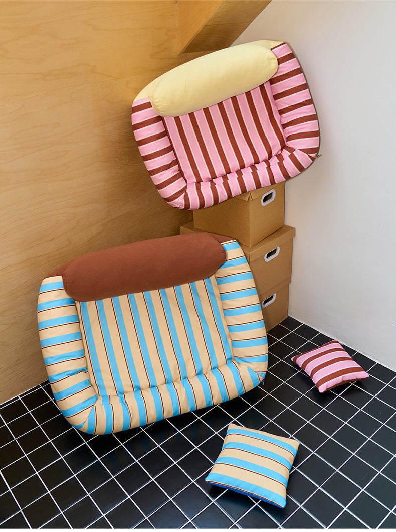 zeze Sandwich Pet Sofa Bed — Striped Cotton Canvas Couch with Backrest & Cushion