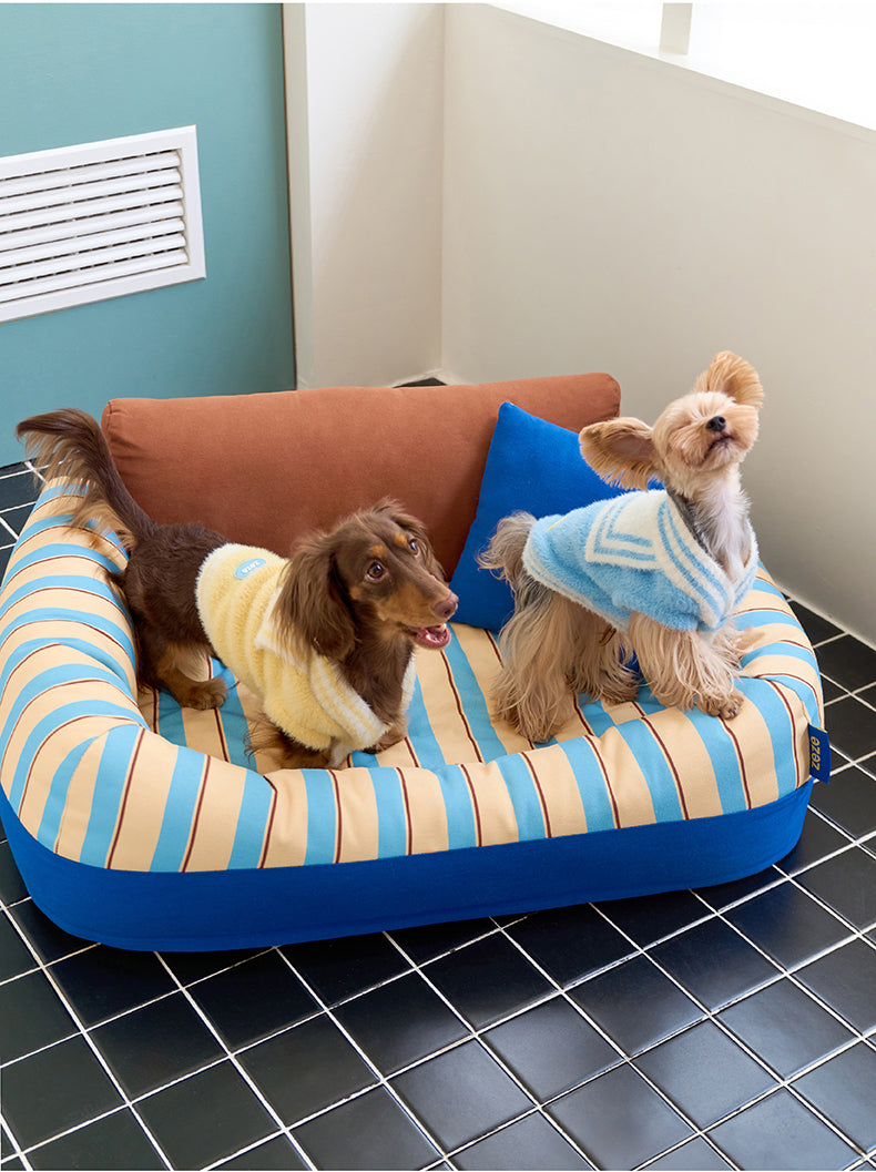 zeze Sandwich Pet Sofa Bed — Striped Cotton Canvas Couch with Backrest & Cushion