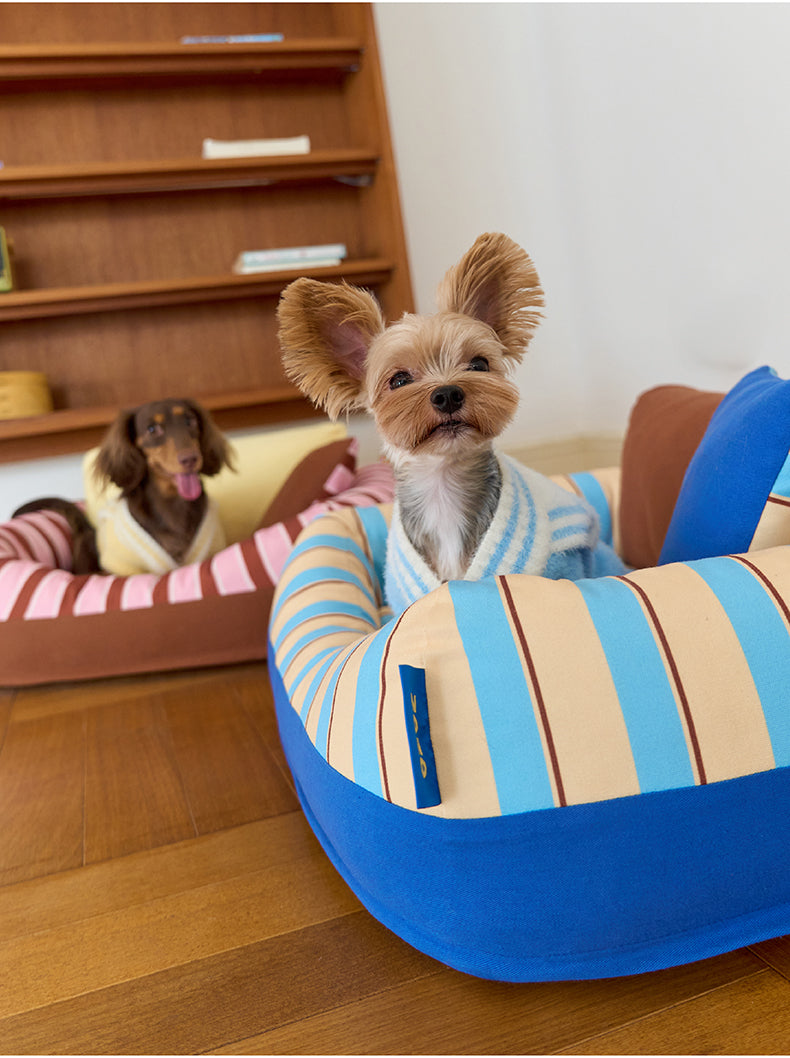 zeze Sandwich Pet Sofa Bed — Striped Cotton Canvas Couch with Backrest & Cushion