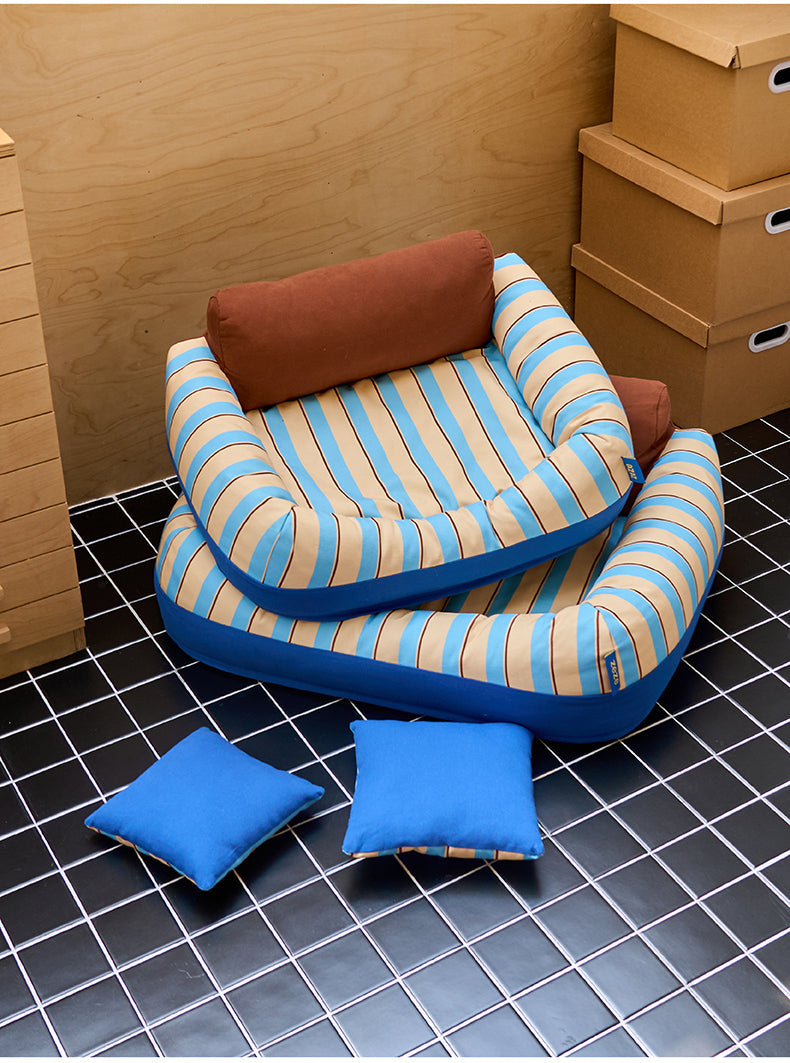 zeze Sandwich Pet Sofa Bed — Striped Cotton Canvas Couch with Backrest & Cushion