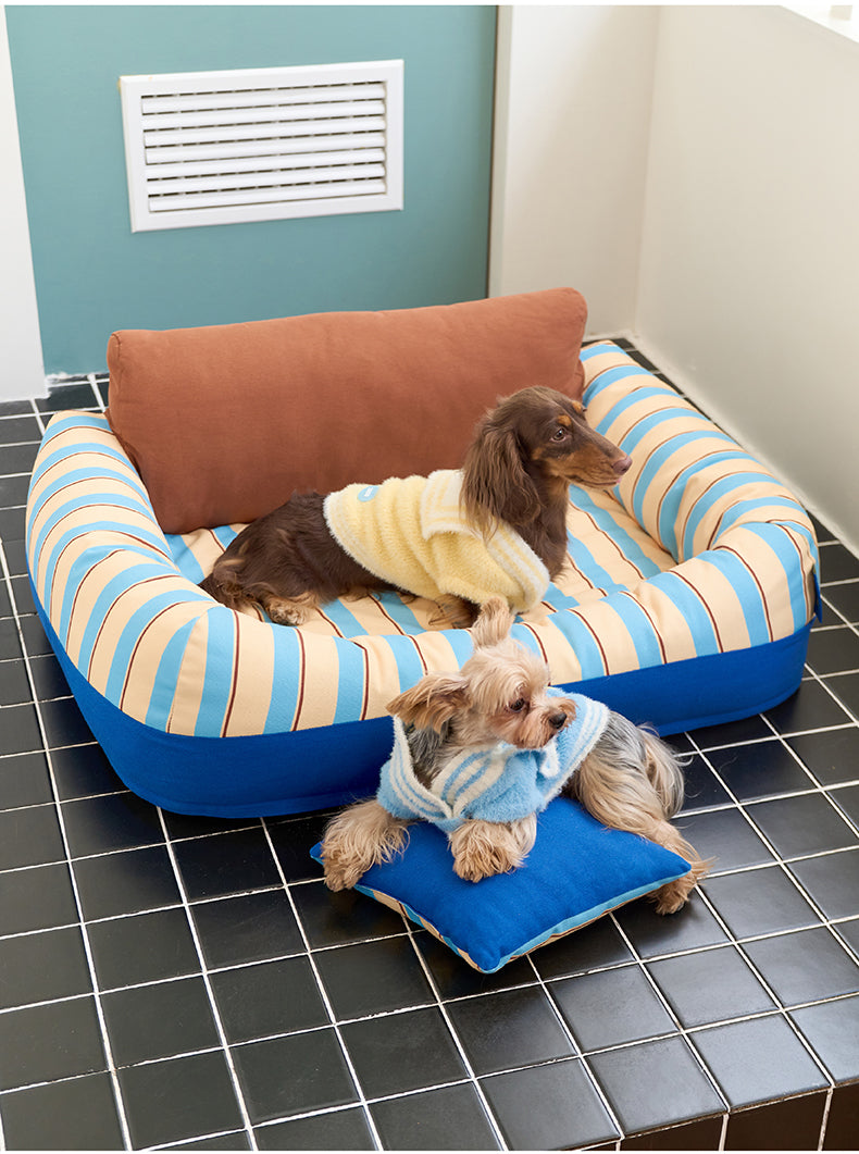 zeze Sandwich Pet Sofa Bed — Striped Cotton Canvas Couch with Backrest & Cushion