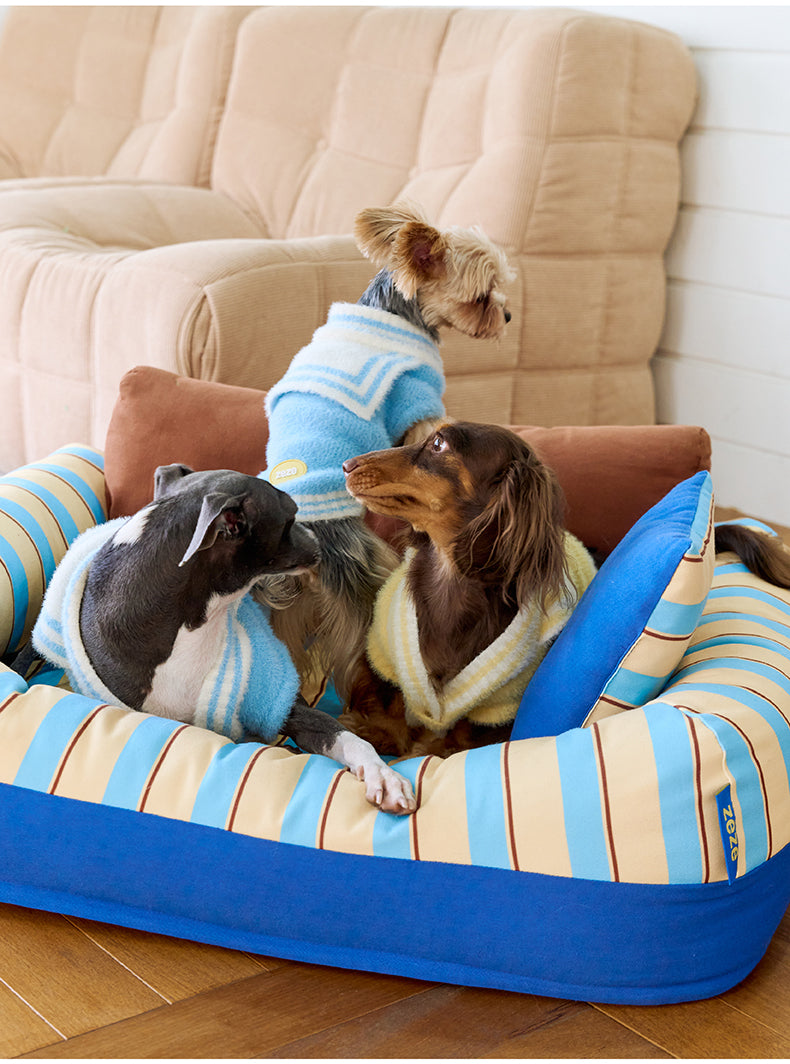zeze Sandwich Pet Sofa Bed — Striped Cotton Canvas Couch with Backrest & Cushion