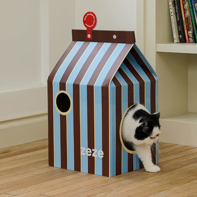 zeze Milk Carton Cardboard Cat House — Striped Scratcher & Hideaway (55.5 cm)