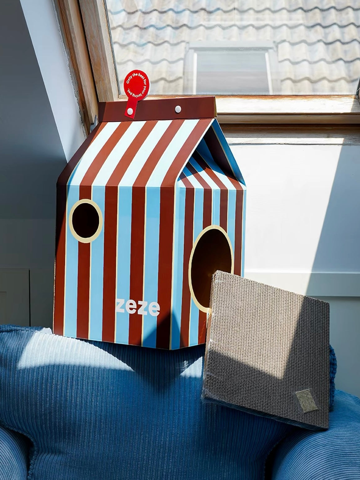 Peachfield & Co. ｜ zeze Milk Carton Cardboard Cat House - Striped Scratcher & Hideaway (55.5 cm)