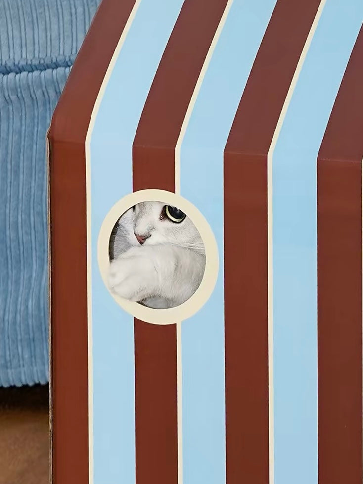Peachfield & Co. ｜ zeze Milk Carton Cardboard Cat House - Striped Scratcher & Hideaway (55.5 cm)