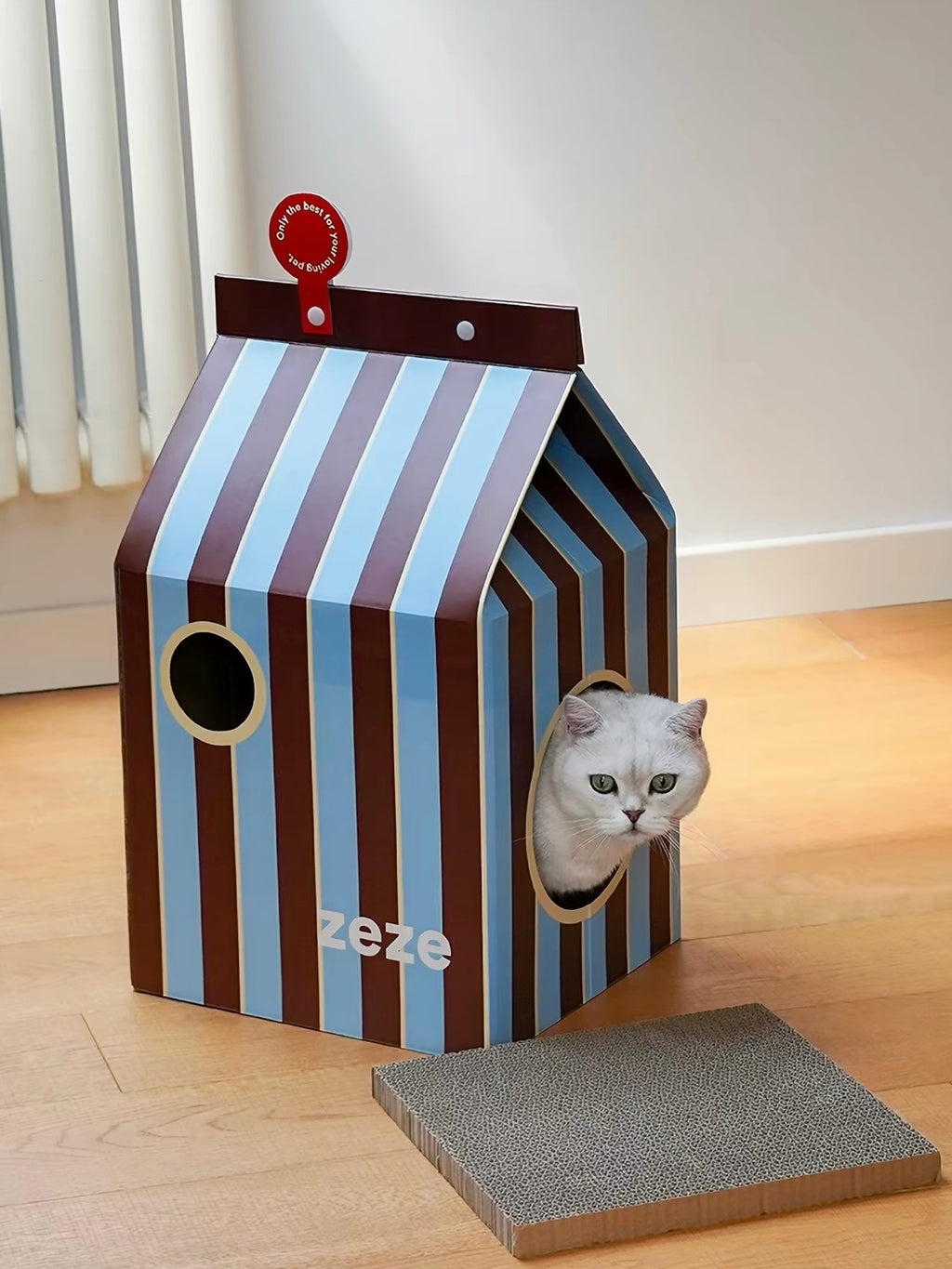 Peachfield & Co. ｜ zeze Milk Carton Cardboard Cat House - Striped Scratcher & Hideaway (55.5 cm)