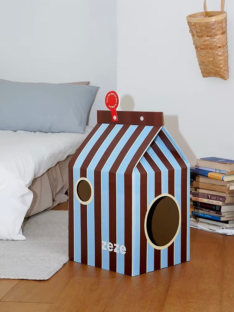 Peachfield & Co. ｜ zeze Milk Carton Cardboard Cat House - Striped Scratcher & Hideaway (55.5 cm)