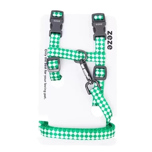 Peachfield & Co. x zeze Mid-Green Checkered Dog Harness & Lead Set