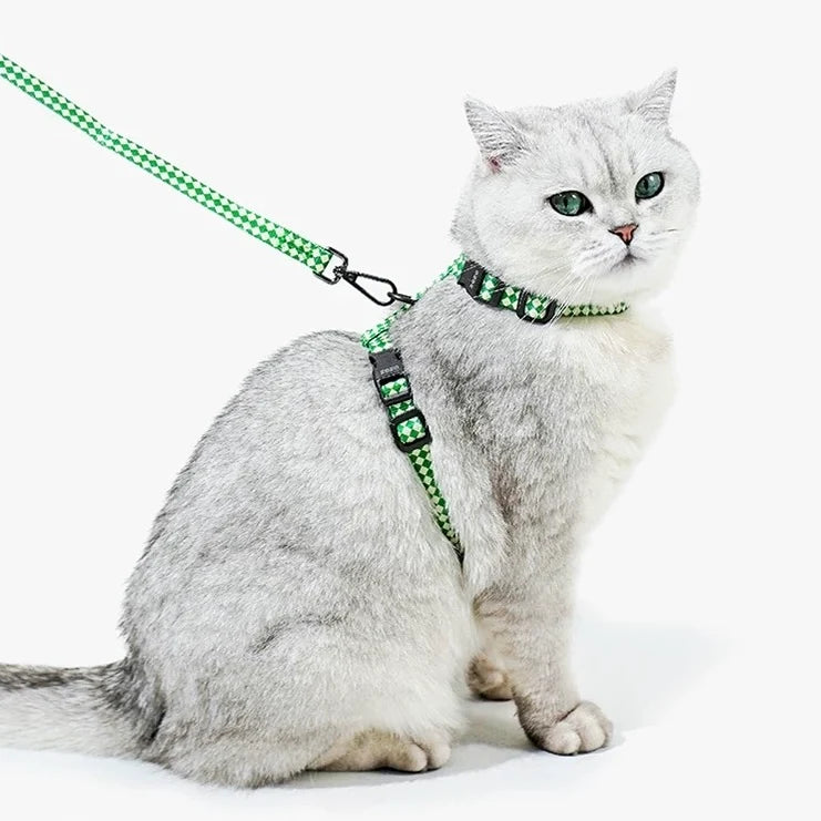 Peachfield & Co. x zeze Mid-Green Checkered Dog Harness & Lead Set