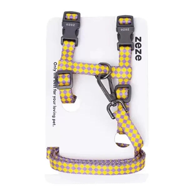 Peachfield & Co. x zeze Yellow-Purple Checkered Everyday Dog Harness & Lead Set